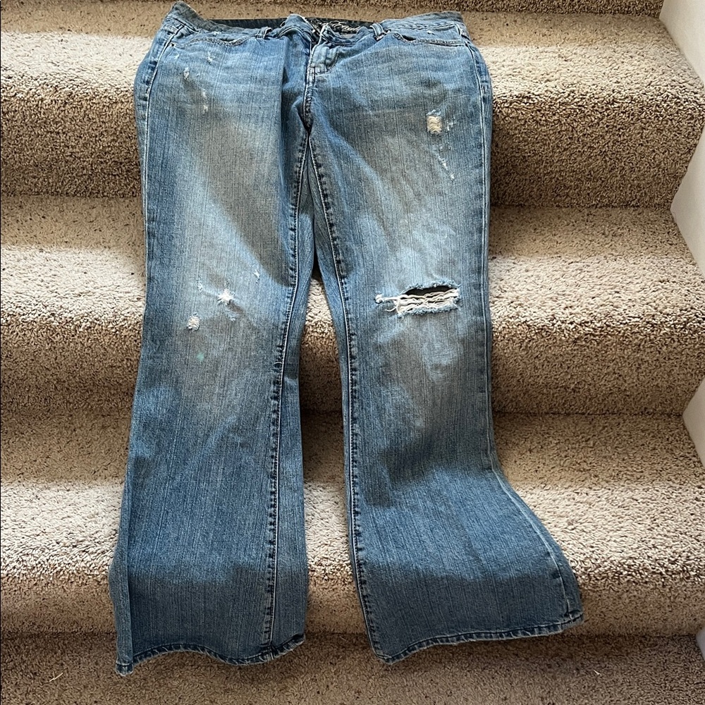 American Eagle Women’s Blue Distressed Flared Jeans